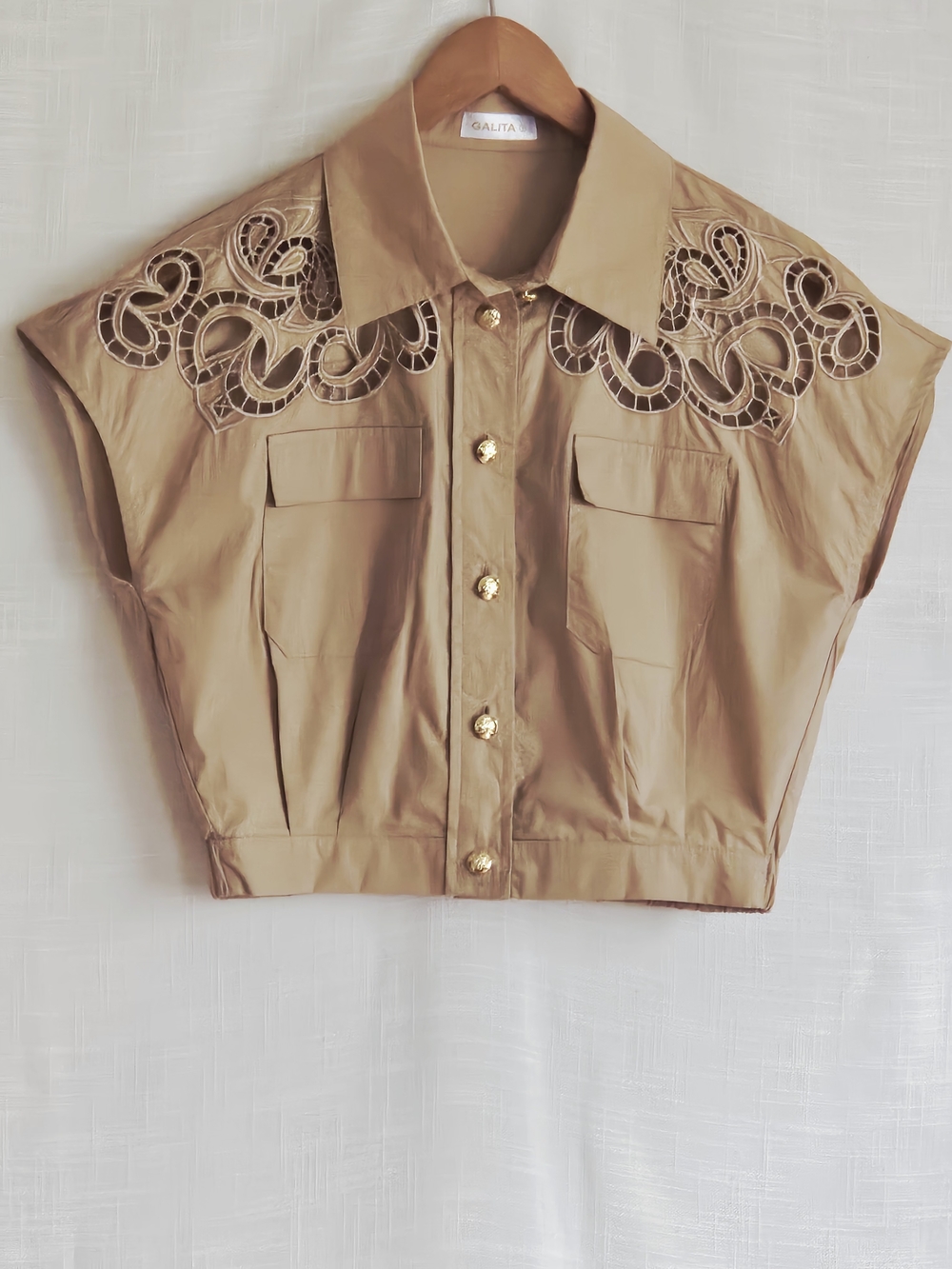 GALITA Camel Cropped Button-Up Shirt with Cutout Embroidery Details - Size S